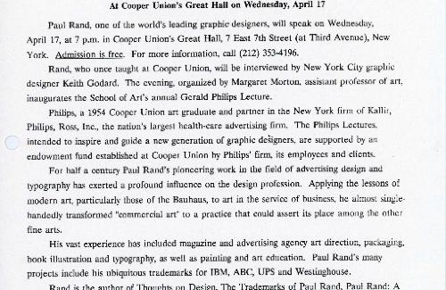 Celebrated Graphic Designer Paul Rand Will Speak At Cooper Union&#039;s Great Hall on Wednesday, April 17