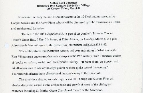 Author John Tauranac Discusses 19th-Century Life in East Village At Cooper Union, March 8