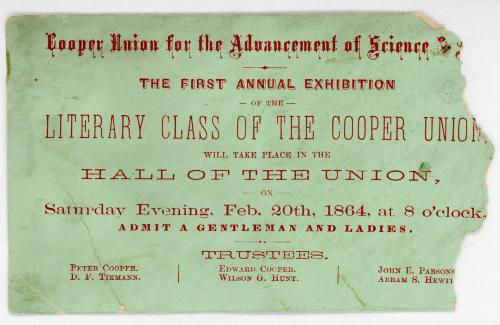 Ticket for The First Annual Exhibition of the Literary Class of The Cooper Union